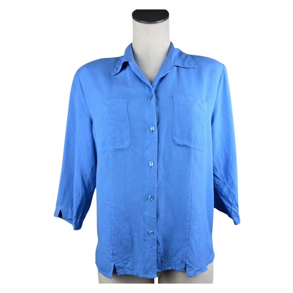 Notations 100% Silk Blouse Button Up Top Womens M Blue 3/4 Sleeve Flowy Career - Picture 1 of 6